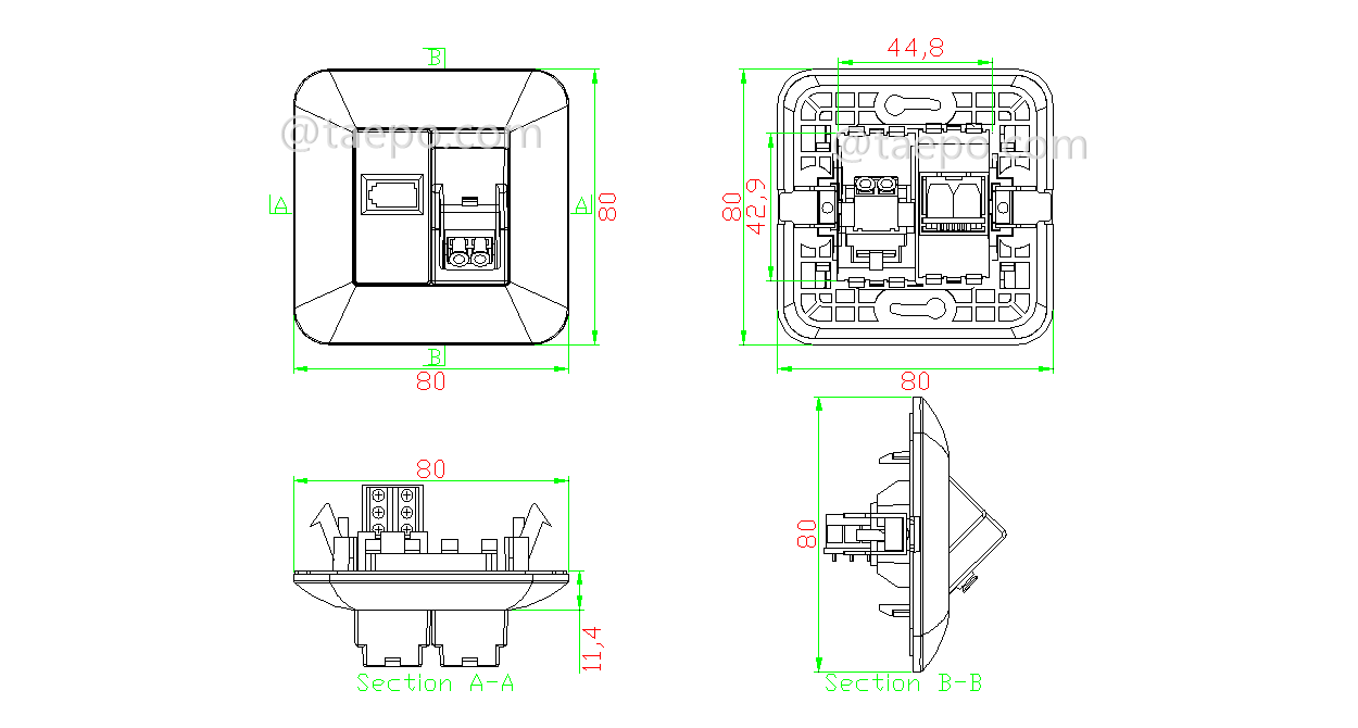 Dessin pour prise hybride LC/APC duplex + prise UK à 1 port