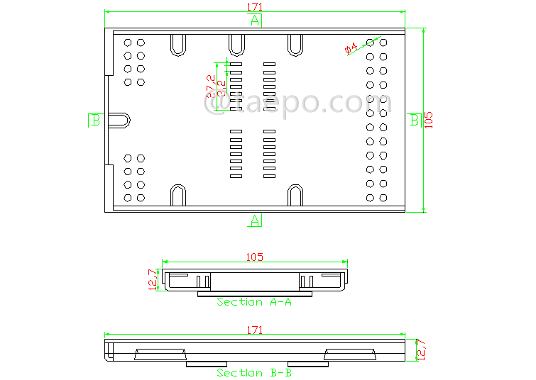 Schematic diagrams for 24 fibers Fiber optic splice cassette