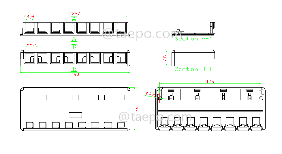 Dessin pour boîte de surface 8 ports, CAT5E, RJ45, 8P8C, UTP