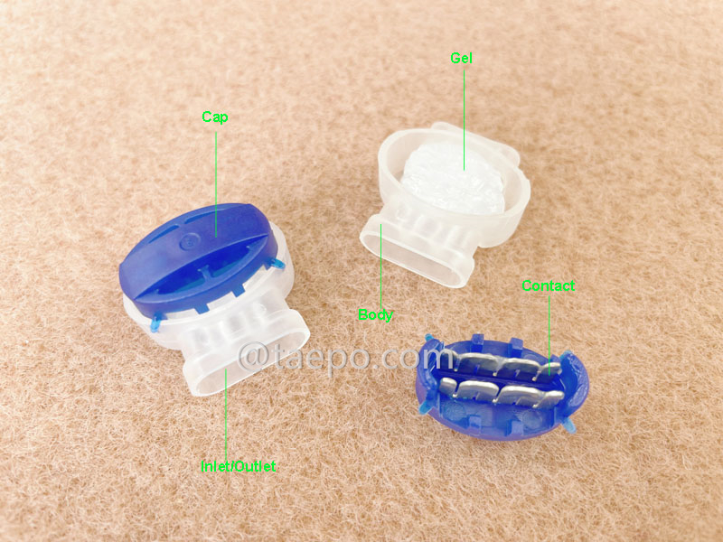 Illustration pour connecteur électrique auto-dénudant 314, 3 fils, conducteur AWG22-14, isolation max 3,8 mm, double broche, rempli de gel