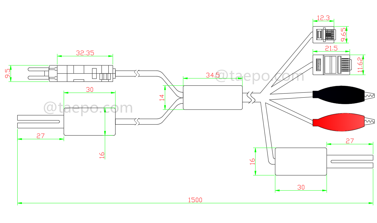 Dessin du cordon de test 2 pôles, fiche de test LSA 4 pôles + fiche de test N 4 pôles vers pince crocodile, fiche M, fiche modulaire 8P2C, fiche modulaire 6P2C, 1,5 m
