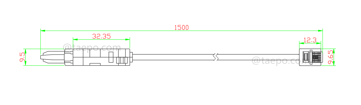Dessin pour cordon de test 2 pôles, prise de test LSA vers prise modulaire 6P2C, 1,5 m
