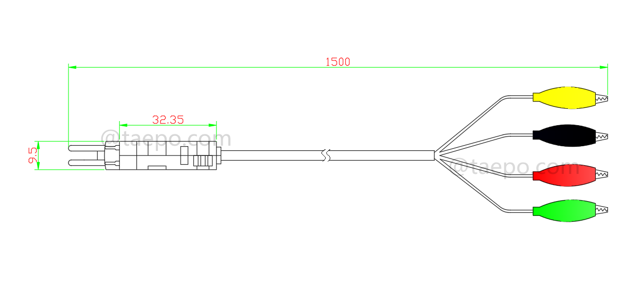 Dessin pour cordon de test 4 pôles, fiche de test LSA à pince crocodile, 1,5 m