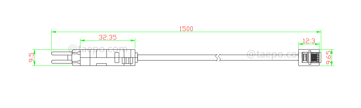 Schéma du cordon de test 4 pôles, fiche de test LSA vers fiche modulaire 6P4C, longueur 1,5 m