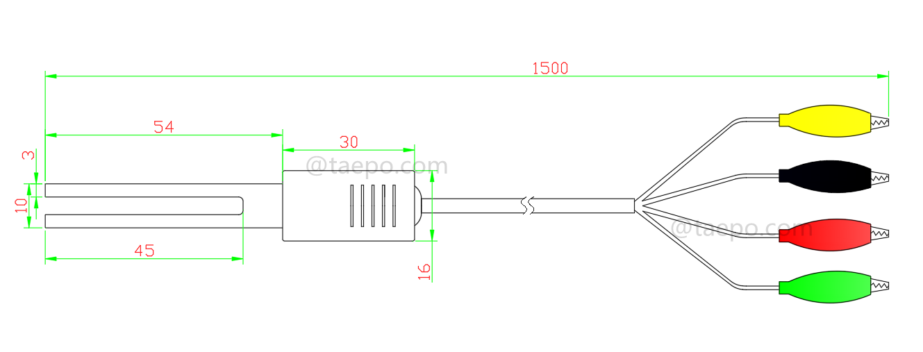 Schéma pour cordon de test monophasé 4 pôles, avec fiche de test vers pince crocodile pour bloc de déconnexion MDF 71 #TP-1401-100, 1,5 m