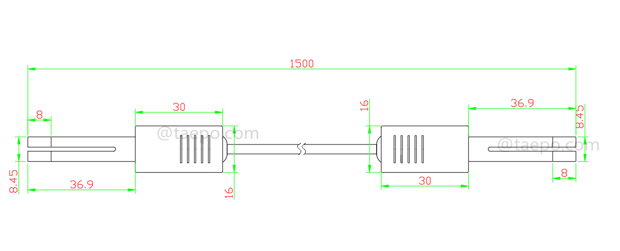 Dessin pour cordon de connexion CN 2 pôles, connecteur testeur à connecteur testeur, 1,5 m