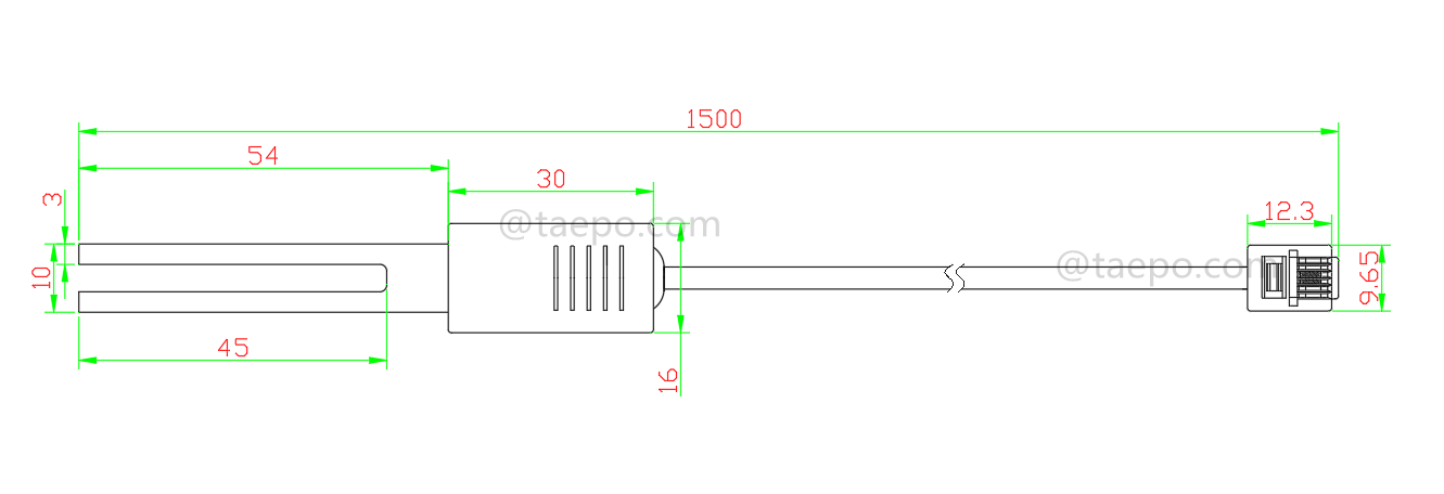Dessin du cordon de test SM à 2 pôles, avec prise de test vers prise modulaire 6P2C pour bloc de coupure MDF 71 #TP-1401-100, 1,5 m