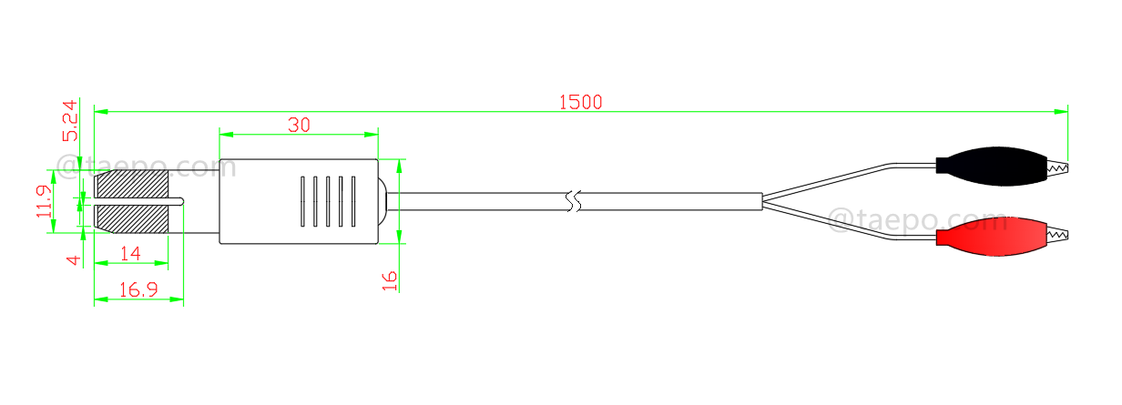 Dessin du cordon de test HW à 2 pôles, fiche de test vers pince crocodile