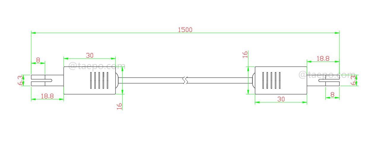 Dessin du cordon de connexion HW 2 pôles, fiche de test à fiche de test, 1,5 m