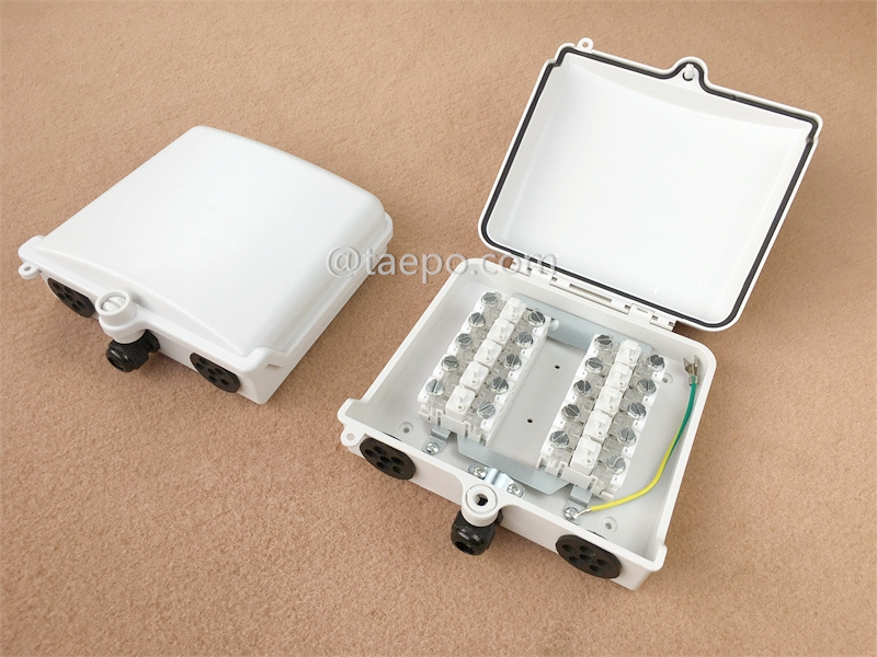 Boîtier de point de distribution extérieur 10 paires pour module STB, 200x185x70 mm, verrouillage à vis et encliquetage, boîtier en plastique, avec module STB avec protection contre les surtensions