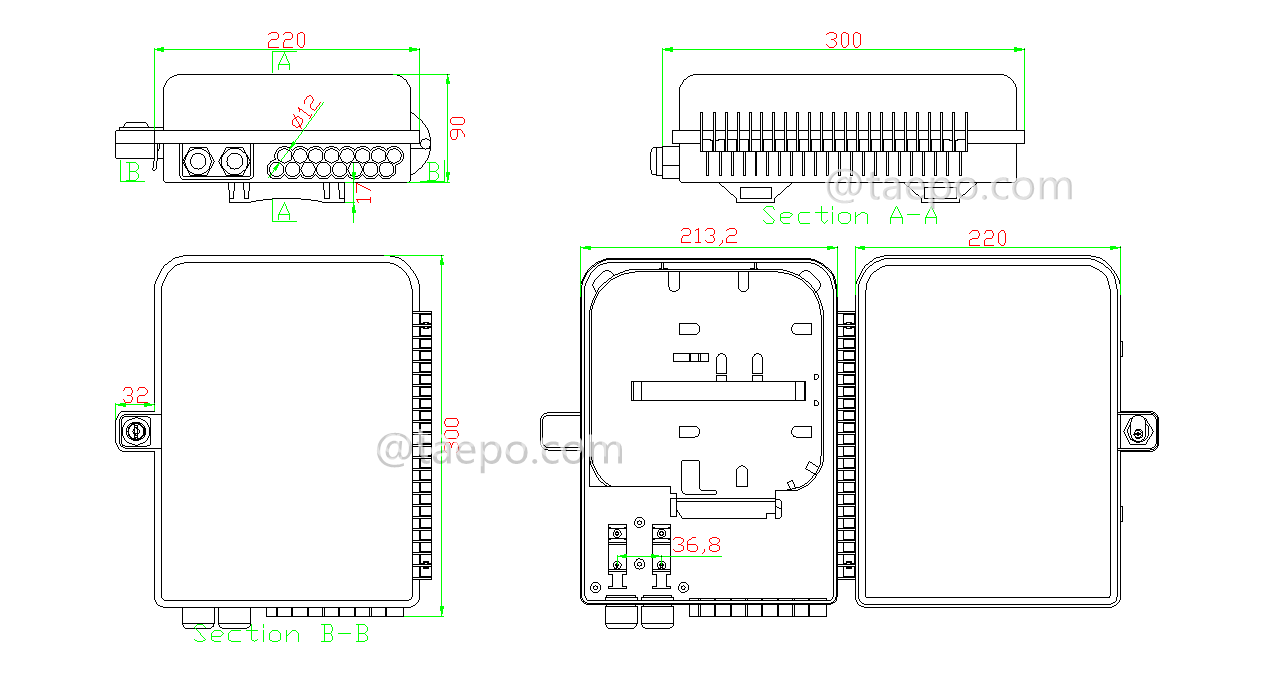 Dessin pour boîte de répartiteur de fibre (FSB), extérieure, SC, 16 fibres, boîtier en plastique