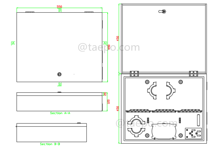 Dessin pour la boîte de distribution optique (FDB), extérieure, SC, 72 fibres, avec panneaux de connexion remplaçables