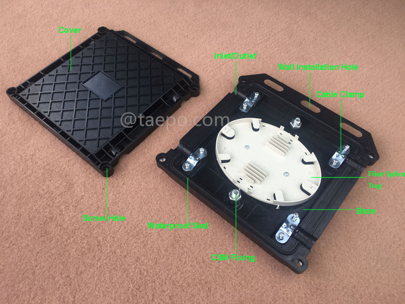 Illustrations pour boîtier de fusion optique (FOSC), type horizontal, étanchéité mécanique, 12 fibres, maximum 24 fibres épaisses