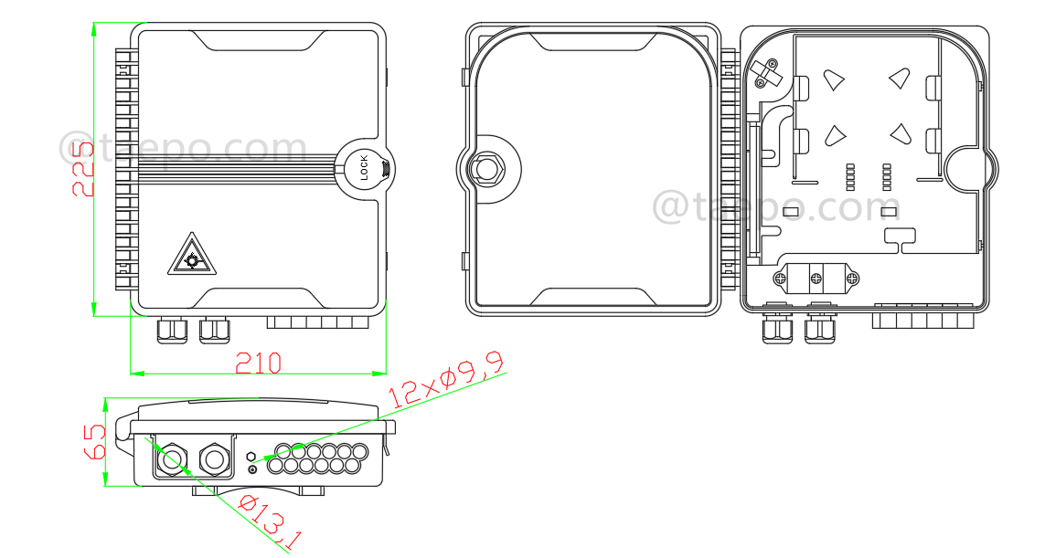 Dessin pour boîte de répartition de fibre (FSB), extérieure, SC, 8 fibres, boîtier en plastique