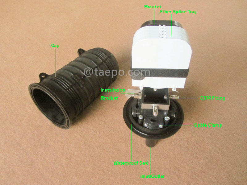 Illustrations pour boîtier de fusion pour fibre optique (FOSC), type vertical, étanchéité par thermorétraction, 48 fibres