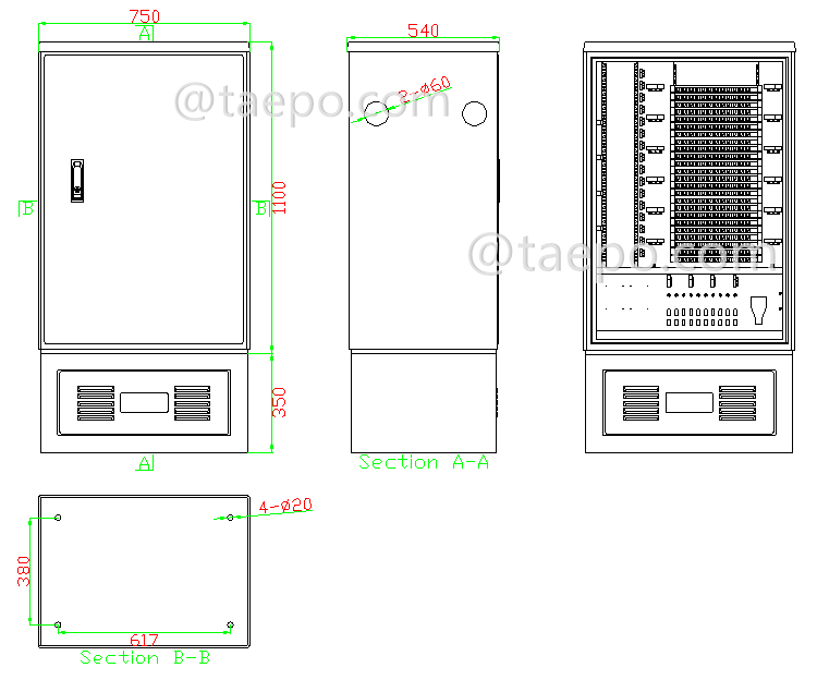 Dessin pour armoire de rue SMC pour fibre optique extérieure, SC, 576 fibres, à double côté, porte simple, type répartiteur à boîtier plastique, avec 10 fentes pour boîtiers plastiques