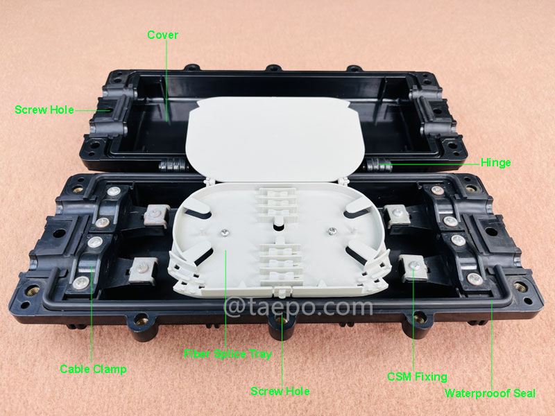 Images illustratives pour boîtier de fusion de fibre optique (FOSC), type horizontal à ouverture basculante, étanchéité mécanique, 12 fibres, maximum 48 fibres épaisses