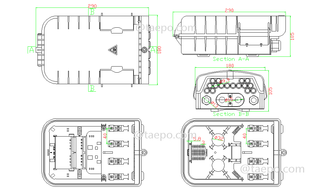 Dessin du boîtier de distribution de fibre optique (FDB), extérieur, SC, 16 fibres, boîtier en plastique