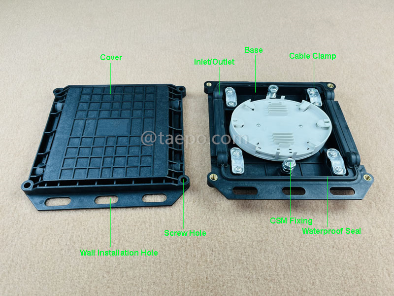 Illustrations pour boîtier de fusion optique (FOSC), type horizontal, étanchéité mécanique, 24 fibres