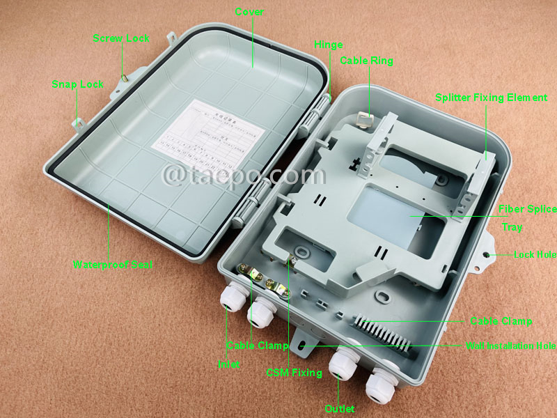 Images illustratives de la boîte de répartition de fibres (FSB), extérieure, SC, 16 fibres, boîtier en plastique