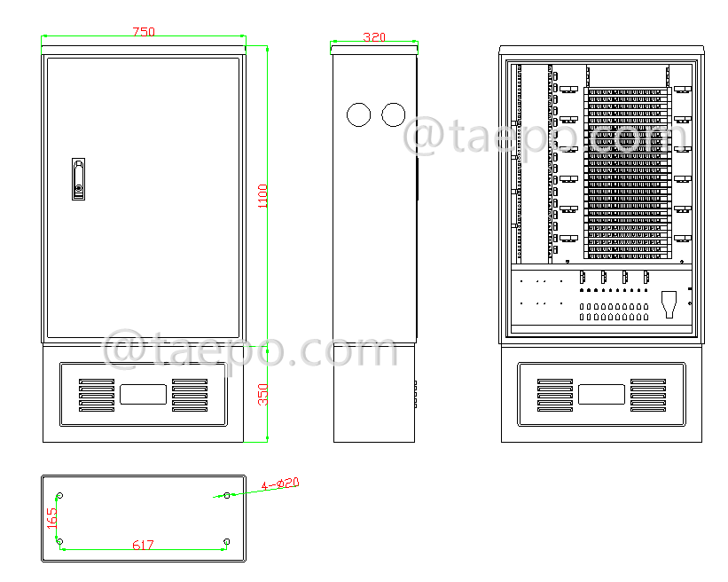 Dessin pour armoire de rue SMC pour fibre optique extérieure, SC, 288 fibres, à un seul côté, porte simple, type répartiteur à boîtier plastique, avec 10 fentes pour boîtiers plastiques