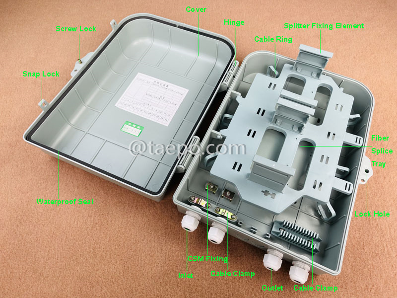 Images illustratives de la boîte de répartition de fibres (FSB), extérieure, SC, 32 fibres, boîtier en plastique