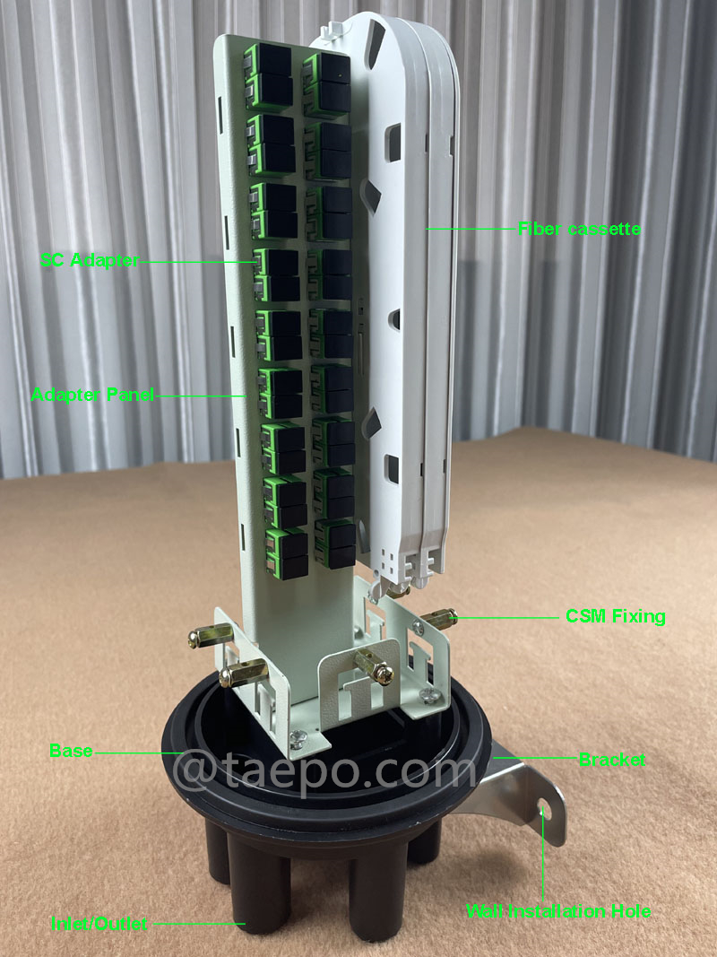 Images illustratives du boîtier de raccordement de fibre optique (FOSC), type vertical, scellé par rétraction thermique, SC/APC 36 fibres