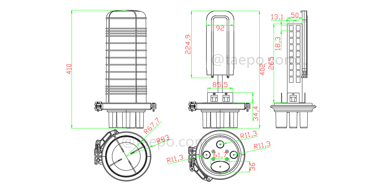 Dessin pour boîtier de raccordement de fibre optique (FOSC), type vertical, scellé par rétraction thermique, SC/APC 36 fibres