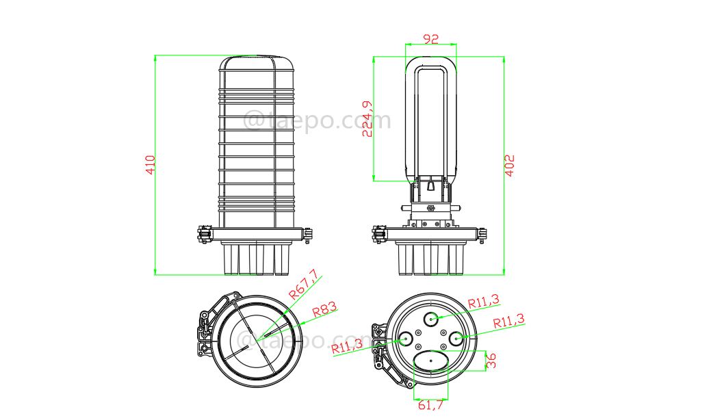 Dessin pour boîtier de raccordement de fibre optique (FOSC), type vertical, scellé par rétraction thermique, 96 fibres, maximum 96 fibres groupées