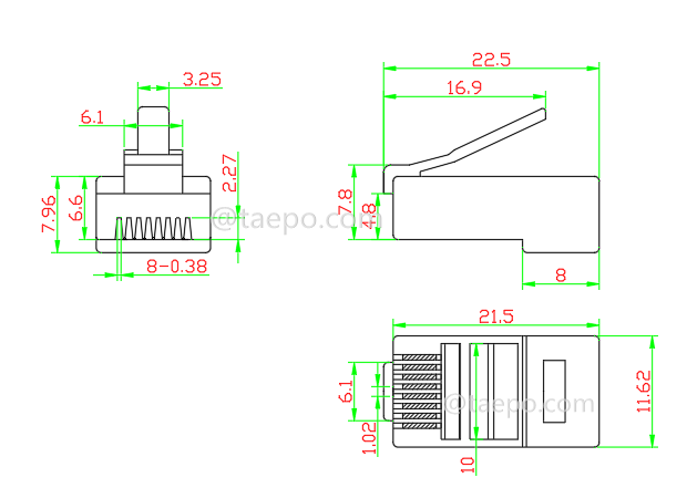 Dessin pour prise modulaire, CAT5E, RJ45, 8P8C, UTP