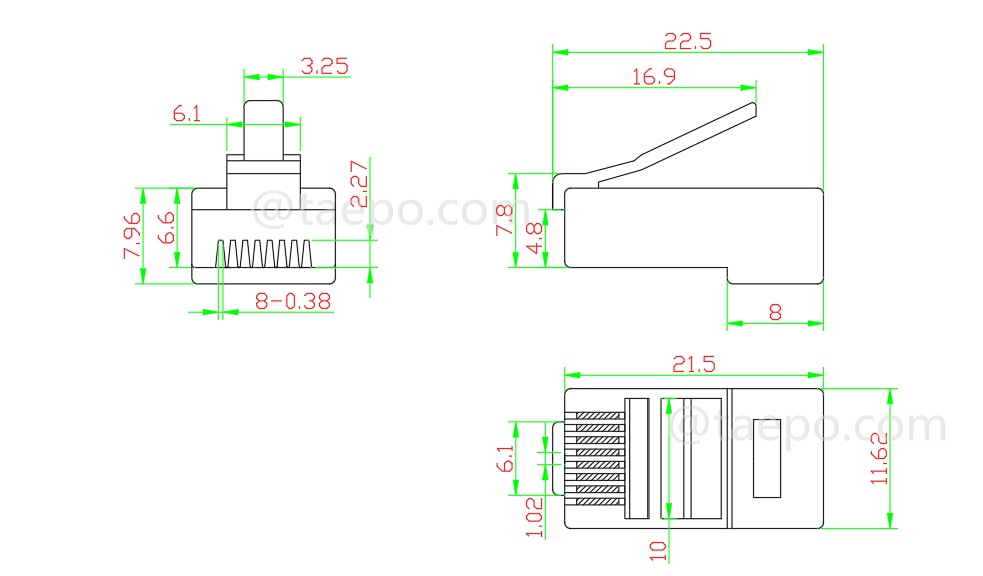 Dessin pour Prise modulaire, CAT6A, RJ45, 8P8C, UTP