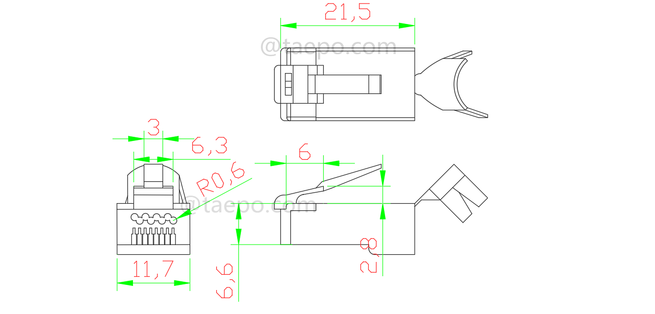 Dessin pour Prise modulaire, CAT7, RJ45, 8P8C, STP