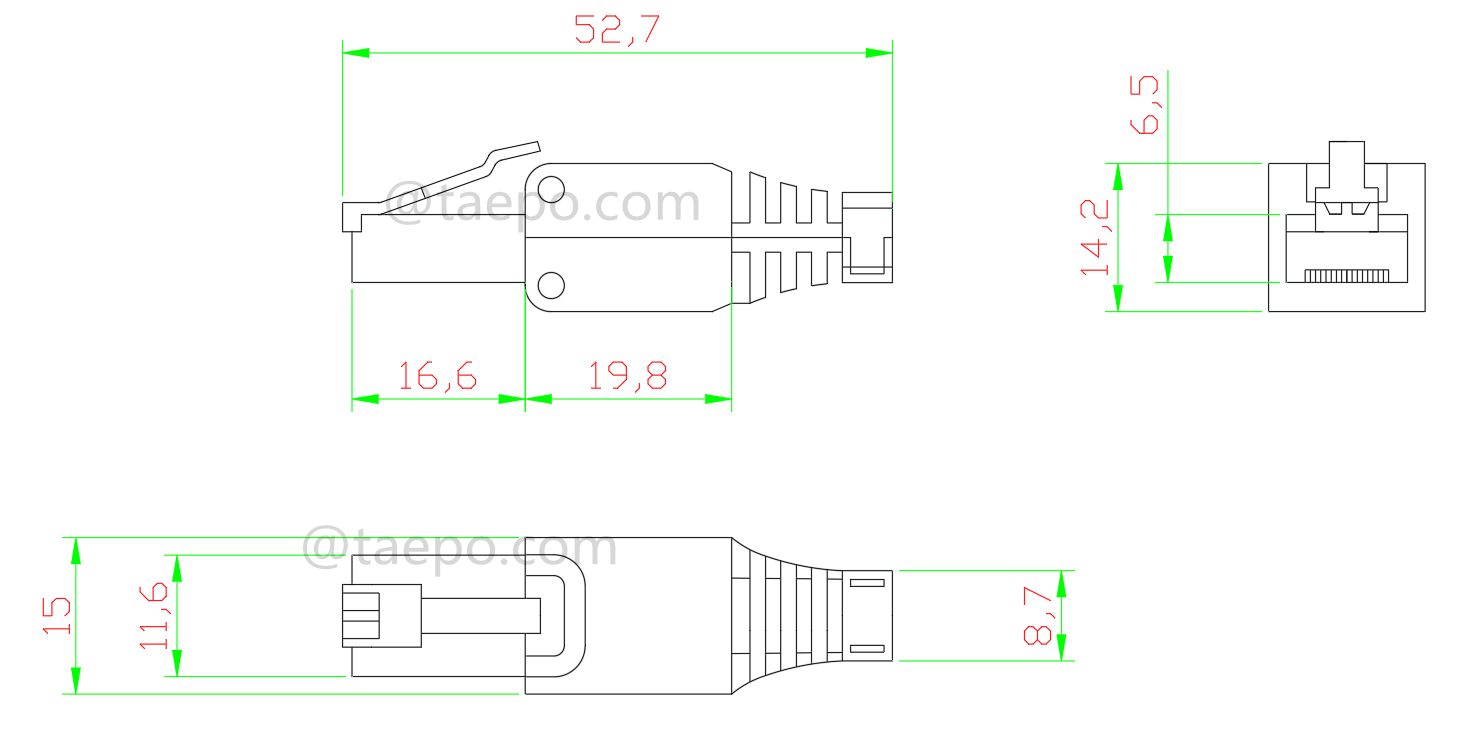 Dessin pour Prise modulaire, CAT5E, RJ45, 8P8C, UTP, sans outil