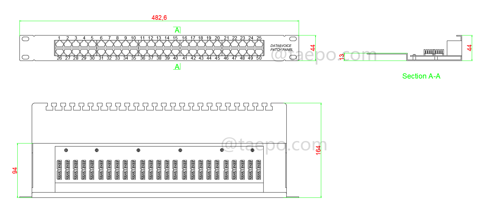 Dessin du panneau de brassage 50 ports, CAT3, RJ45, UTP, 19