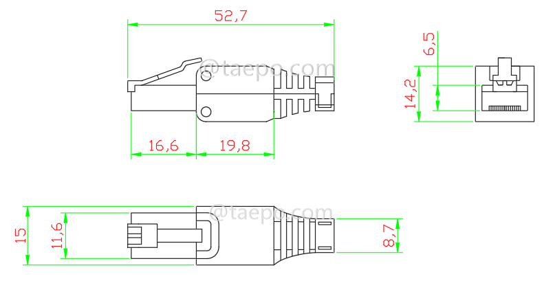 Dessin pour Prise modulaire, CAT6, RJ45, 8P8C, UTP, sans outil