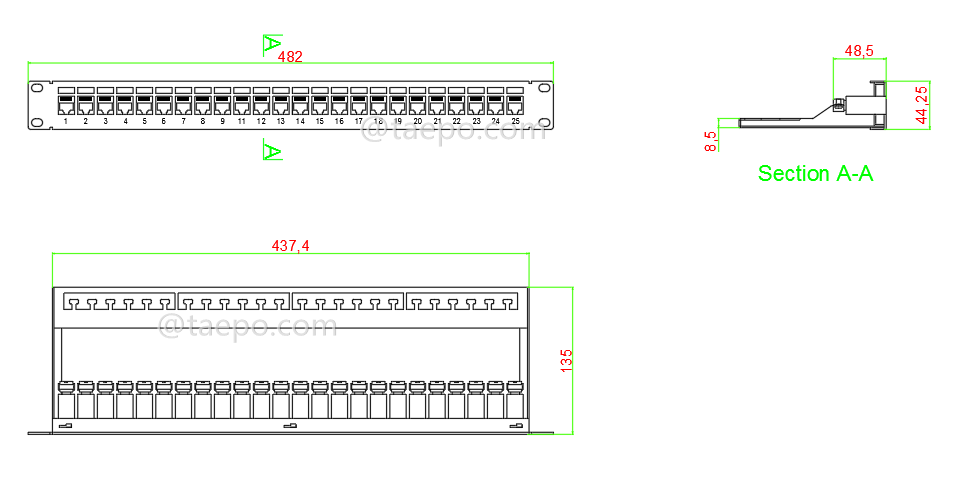 Dessin pour panneau de brassage 24 ports, CAT5E, RJ45, STP, 19