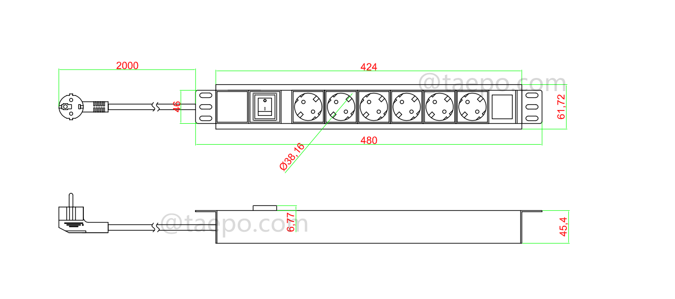 Dessin pour PDU, norme allemande, 16A 250VAC, 6 sorties, 1.5U, avec interrupteur principal