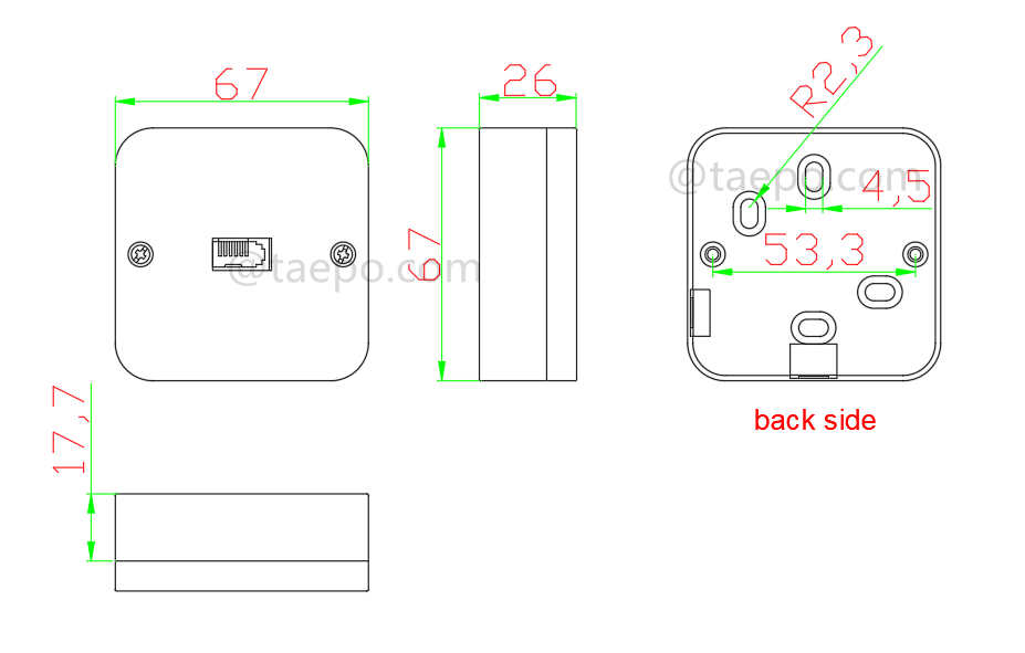 Dessin pour prise téléphonique RJ11 à 1 port, Royaume-Uni, CAT3, 6P6C