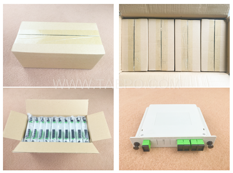 Images de l’emballage du répartiteur à fibre optique, PLC, type cassette, G657A, 1x4, tube lâche 0,9 mm, avec connecteur SC/APC, adaptateur