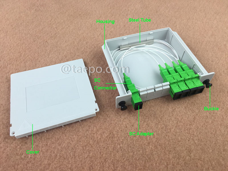 Images illustratives du répartiteur à fibre optique, PLC, type cassette, G657A, 1x4, tube lâche 0,9 mm, avec connecteur SC/APC, adaptateur