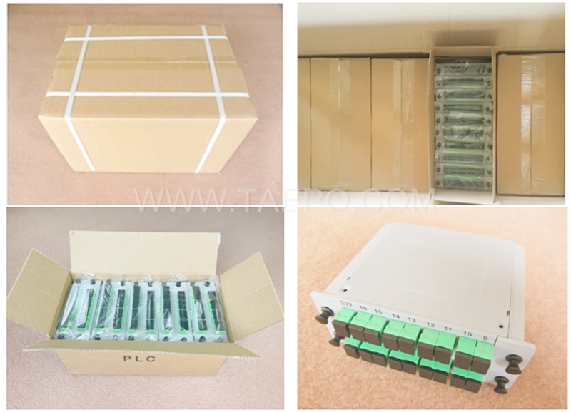 Photos d’emballage du séparateur optique, PLC, type cassette, G657A, 2x16, tube lâche de 0,9 mm, avec connecteur SC/APC