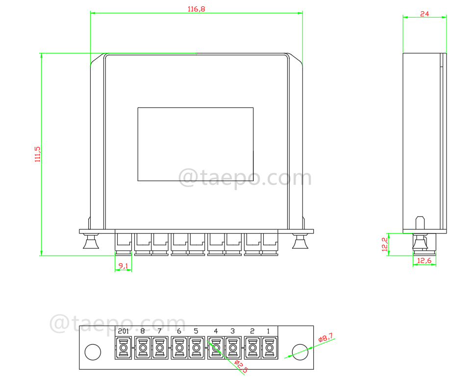 Dessin du répartiteur à fibre optique, PLC, type cassette, G657A, 1x8, tube lâche 0,9 mm, avec connecteur SC/APC, adaptateur