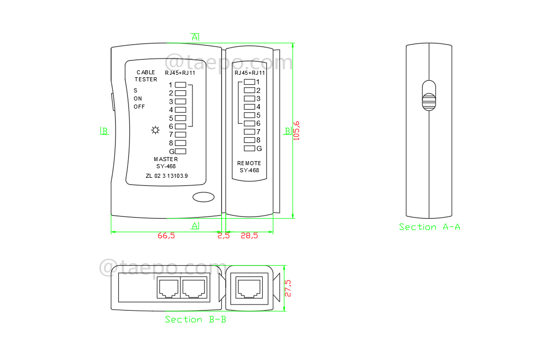 Dessin du testeur de câble patch pour RJ11/RJ45