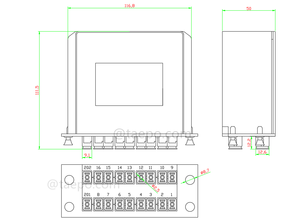 Dessin du séparateur optique, PLC, type cassette, G657A, 2x16, tube lâche de 0,9 mm, avec connecteur SC/APC