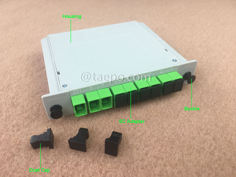 Images illustratives du répartiteur à fibre optique, PLC, type cassette, G657A, 1x8, tube lâche 0,9 mm, avec connecteur SC/APC, adaptateur