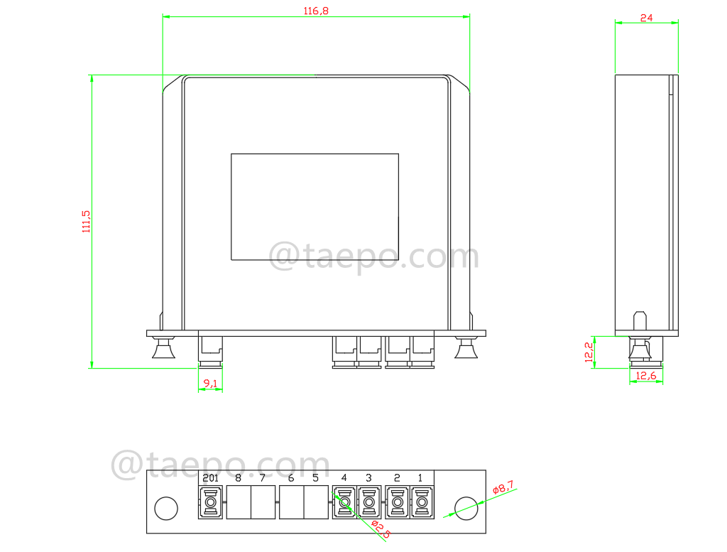 Dessin du répartiteur à fibre optique, PLC, type cassette, G657A, 1x4, tube lâche 0,9 mm, avec connecteur SC/APC, adaptateur