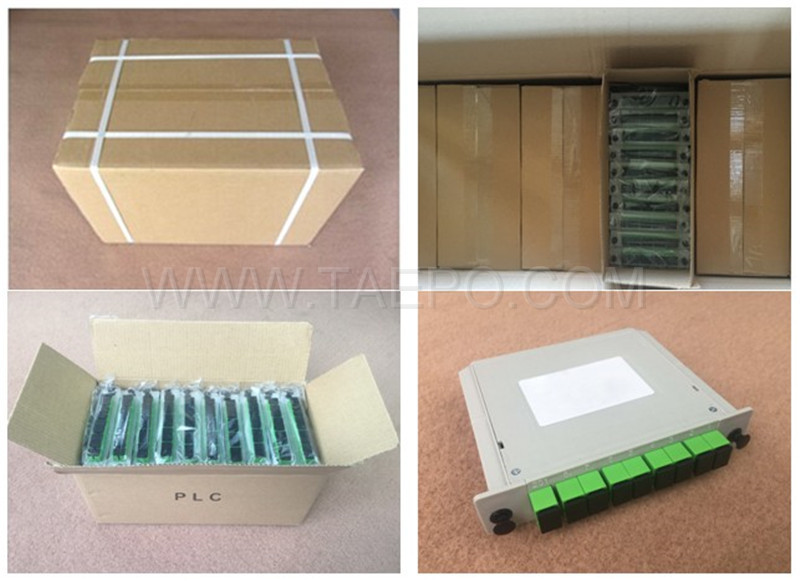 Images de l’emballage du répartiteur à fibre optique, PLC, type cassette, G657A, 1x8, tube lâche 0,9 mm, avec connecteur SC/APC, adaptateur