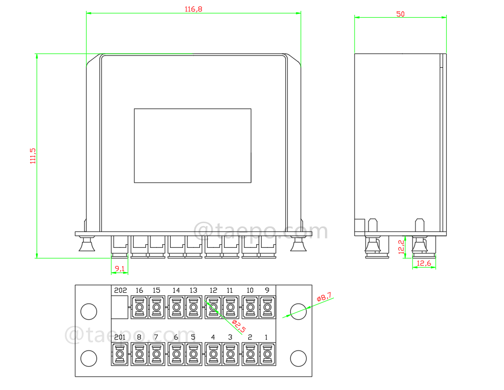 Dessin du séparateur optique, PLC, type cassette, G657A, 1x16, tube lâche de 0,9 mm, avec connecteur SC/APC